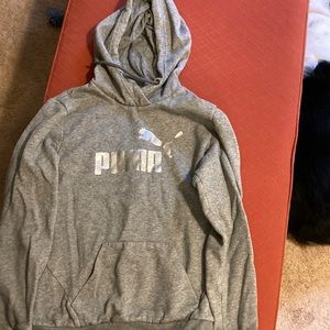 Gray hooded Puma sweatshirt with silver “Puma” appliqué